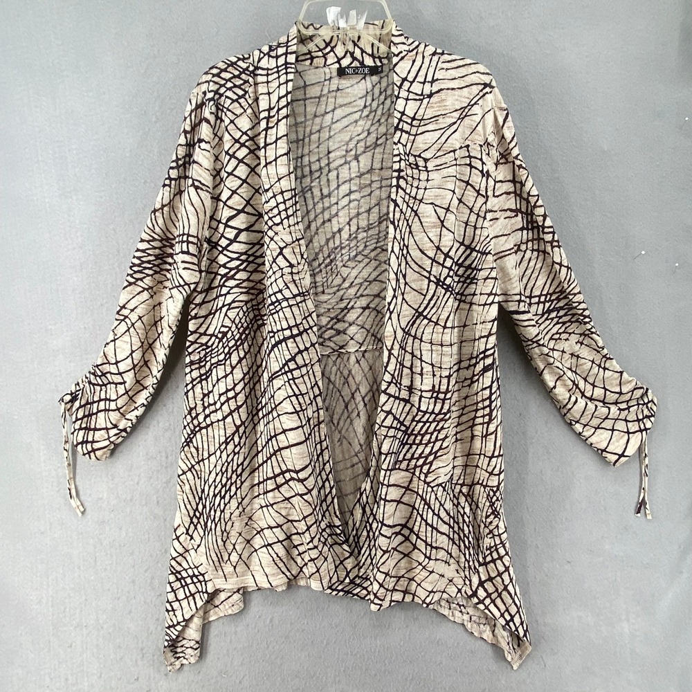 NIC+ZOE Cardigan Womens Sz M Open Front Beige Brown Abstract Print Ruched Sleeve